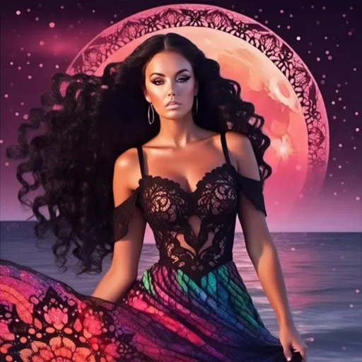 Prompt: <mymodel>, a woman (who has very long, dark, blacck, curly hair and is under a crescent half moon that has a mandala painted on it), (she is wearing a beautiful, black lace, flowing gown that is ethereal and floating on water that glitters under the glowing moon), digital artwork, vibrant colors, highly stylized, captivating, dynamic pose, expressive features, enchanting atmosphere, intricate details, rich textures, mesmerizing lights, background blending into warm radiance, (highly detailed), (4K), enchanting essence, modern fantasy theme, visually striking contrast, appealing composition, creative and imaginative representation.