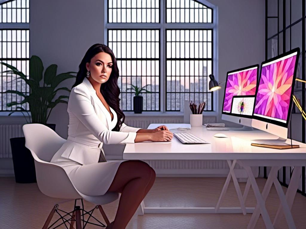 Prompt: <mymodel>A woman in her forties (graphic designer) in a modern graphic design office, (slim figure), wearing a chic white, body-conscious dress suit, sitting confidently at her desk, computer glowing softly in front of her, with stylish decor around, ambient warm lighting enhancing the sophisticated atmosphere, ultra-detailed, professional setting, creative workspace, capturing a sense of elegance and dedication.