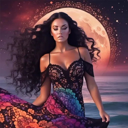 Prompt: <mymodel>, a woman (who has very long, dark, black, curly hair who is under a crescent moon that has a mandala painted on it), (she is wearing a beautiful, black lace, flowing gown that is ethereal and floating on water that glitters under the glowing moon), digital artwork, vibrant colors, highly stylized, captivating, dynamic pose, expressive features, enchanting atmosphere, intricate details, rich textures, mesmerizing lights, background blending into warm radiance, (highly detailed), (4K), enchanting essence, modern fantasy theme, visually striking contrast, appealing composition, creative and imaginative representation.