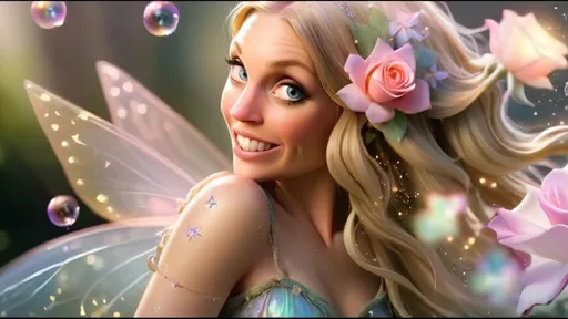 Prompt: Dreamy pastel portrait, flying fairy with iridescent glowing wings, ethereal atmosphere, soft focus, wand with a sparkly star shooting sparkles and fairy dust, iridescent bubbles with a soft, pink rose inside of each one, fairy arranging a flower bouquet, fairy is inside a garden with lots of different pastel flowers