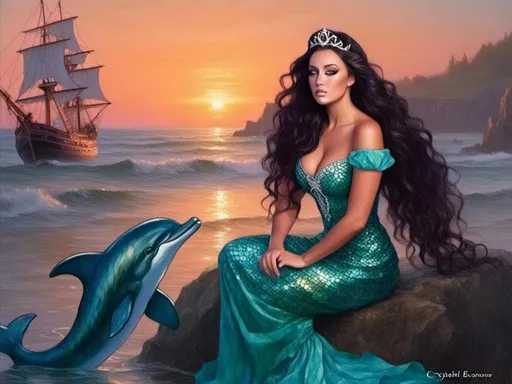 Prompt: <mymodel> (magnificent mermaid), a beautiful woman with long, (black, curly hair), sitting gracefully on a rock, she has a full, long, fish tail instead of legs, she is gazing at the sunset, lively dolphins are dancing in the background, a big pirate ship with many sails is in the distance, (crystal blueish-aqua water), a gorgeous dolphin is swimming nearby, stunning Floridian backdrop, (nautical details, bright, peach and violet hibiscus), a treasure chest filled with sparkling jewels and irridescent pearls is resting on the beach nearby, vibrant sunset hues reflecting on the water, glittering bubbles, beautiful palm trees, a colorful parrot, serene and enchanting atmosphere, (ultra-detailed), (high quality).  