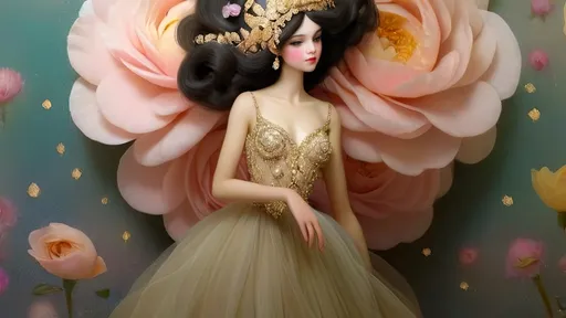 Prompt: HD Dreamy Gustavo Klimt pastel patterns, (girl artist, standing up, full body, diamond sparkle shoes on, dressed in a Gustavo Klimt Woman in gold sparkling glowing soft champagne colored full ball gown, she has extra long very dark full flowing pitch black wavy hair, sparkling gray-green eyes, smiling, heavy black eyeliner, long eyelashes, porcelain skin, rosie cheeks, bright pink lips, wearing a big diamond crown on her head made of sparkling diamonds, pink cabbage roses, wearing the Woman In Gold choker necklace), (ethereal atmosphere, soft focus, Gustav Klimt patterns throughout the background, glowing sparkles, soft colorful pastel peony, various pastel flowers and sparkling butterflies in background)