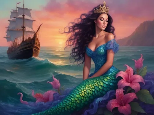 Prompt: <mymodel>(mystical mermaid with a scaly, long fishtail and long, black, curly hair, wearing a crown of starfish in her hair with a very colorful parrot on her shoulder), atmosphere (euphoric, pastel, detailed sunset over blue-aqua waves, dolphins jumping, pirate ship in the distance, pink and violet hibiscus)