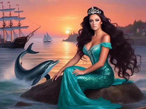 Prompt: <mymodel> (magnificent mermaid), a beautiful woman with long, (black, curly hair), sitting gracefully on a rock, she has a full, long, fish tail instead of legs, she is gazing at the sunset, lively dolphins are dancing in the background, a big pirate ship with many sails is in the distance, (crystal blueish-aqua water), a gorgeous dolphin is swimming nearby, stunning Floridian backdrop, (nautical details, bright, peach and violet hibiscus), a treasure chest filled with sparkling jewels and iridescent pearls is resting on the beach nearby, vibrant sunset hues reflecting on the water, glittering bubbles, palm trees, a colorful parrot, serene and enchanting atmosphere, (ultra-detailed), (high quality).  