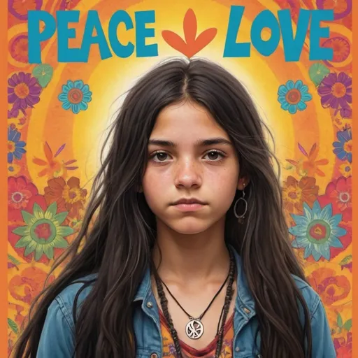 Prompt: A book cover for a book about a teenage girl's adolescence on a hippy commune. She is Hispanic with long black hair, she looks defiant and tomboyish. The title is "Peace, Love and Undoing"