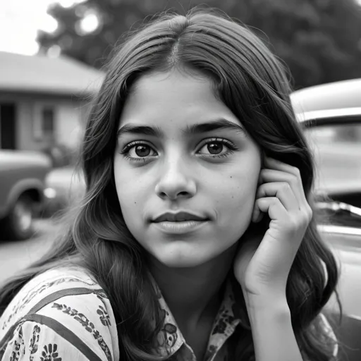 Prompt: Black and white photo of late teenage Hispanic hippie girl, serious but slightly amused Don Draper, mischievous expression, focused eye contact, vintage black and white, high contrast, detailed facial features, retro style, professional photography, 60s fashion, vintage vibe, intense gaze, monochrome, classic, high quality