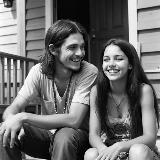 Prompt: A black and white photo of two hippies, one that is a teenage Hispanic girl and one that is a dark haired and dark eyed young white man about 24 years old. They look at each other, laughing and playful. He is squinting against the sunlight . She has long hair, he has a stubble. She's sitting in front of him on some steps to a porch, a wood panel brown house in the background. The man looks mischievous.