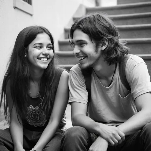 Prompt: A black and white photo of two hippies, one that is a teenage Hispanic girl and one that is a dark haired and dark eyed young white man. They look at each other, laughing and playful. He is squinting against the sunlight . She has long hair, he has a stubble. She's sitting in front of him on some steps.