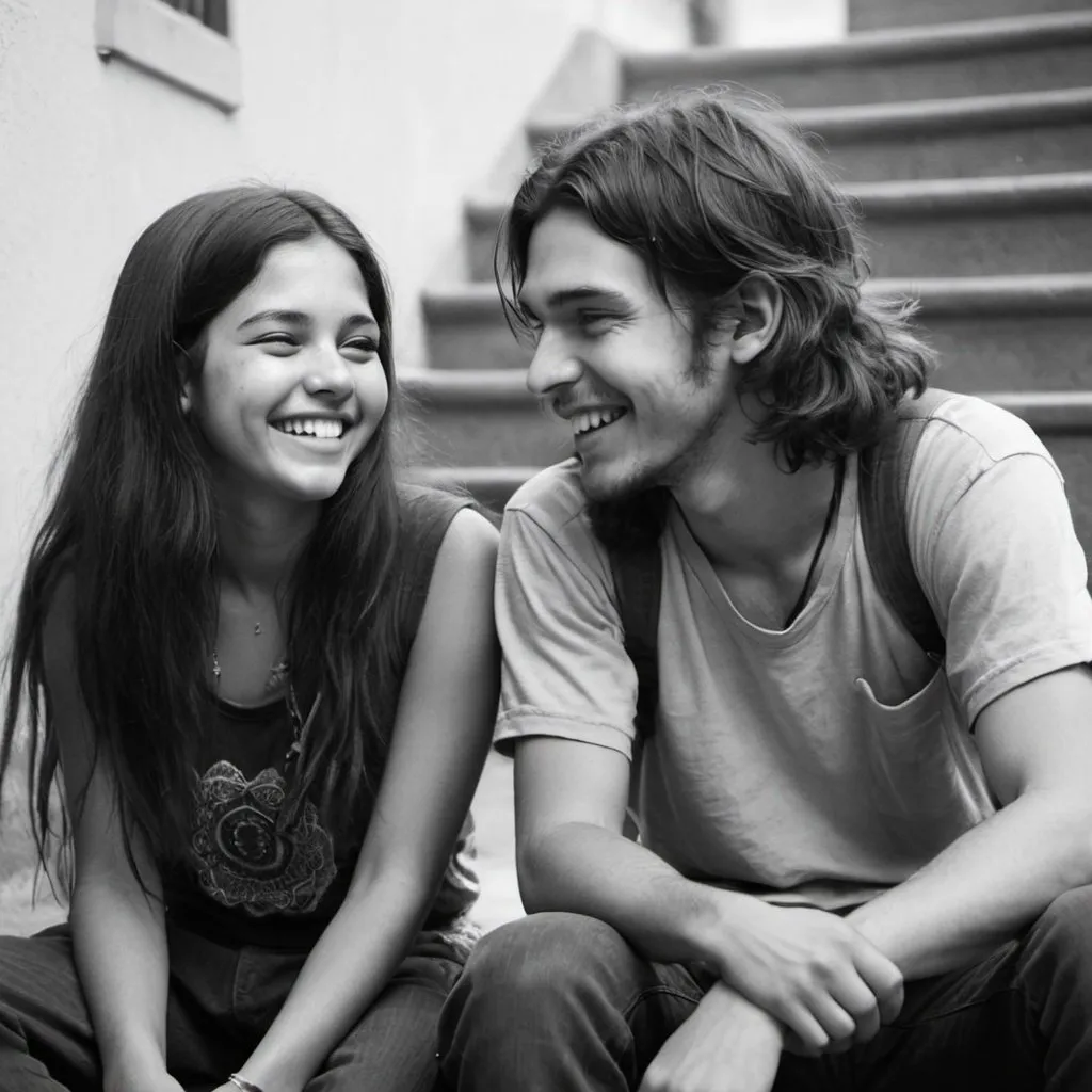 Prompt: A black and white photo of two hippies, one that is a teenage Hispanic girl and one that is a dark haired and dark eyed young white man. They look at each other, laughing and playful. He is squinting against the sunlight . She has long hair, he has a stubble. She's sitting in front of him on some steps.