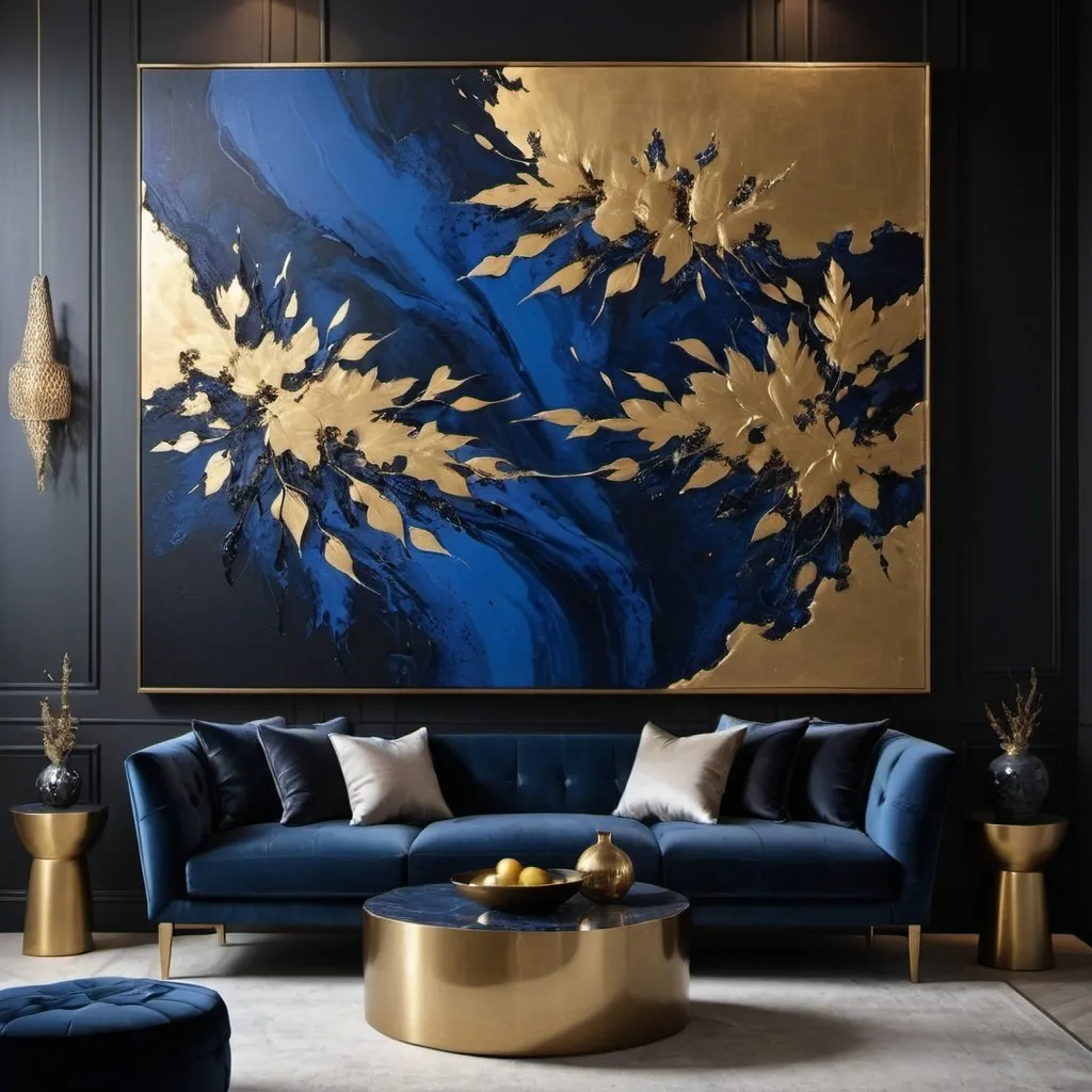 Prompt: An abstract decorative painting featuring textured layers of deep blue and black, with prominent gold leaf accents spread across the canvas. The design should have a luxurious, modern feel, with a dynamic interplay between the dark tones and the shimmering gold elements, creating a sense of depth and movement with mockup in living room