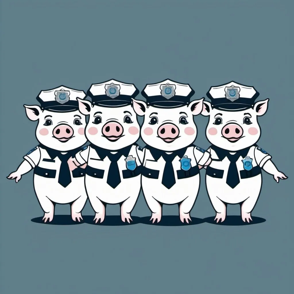 Prompt: 5 pigs holding hands with police hats in an outline drawing style