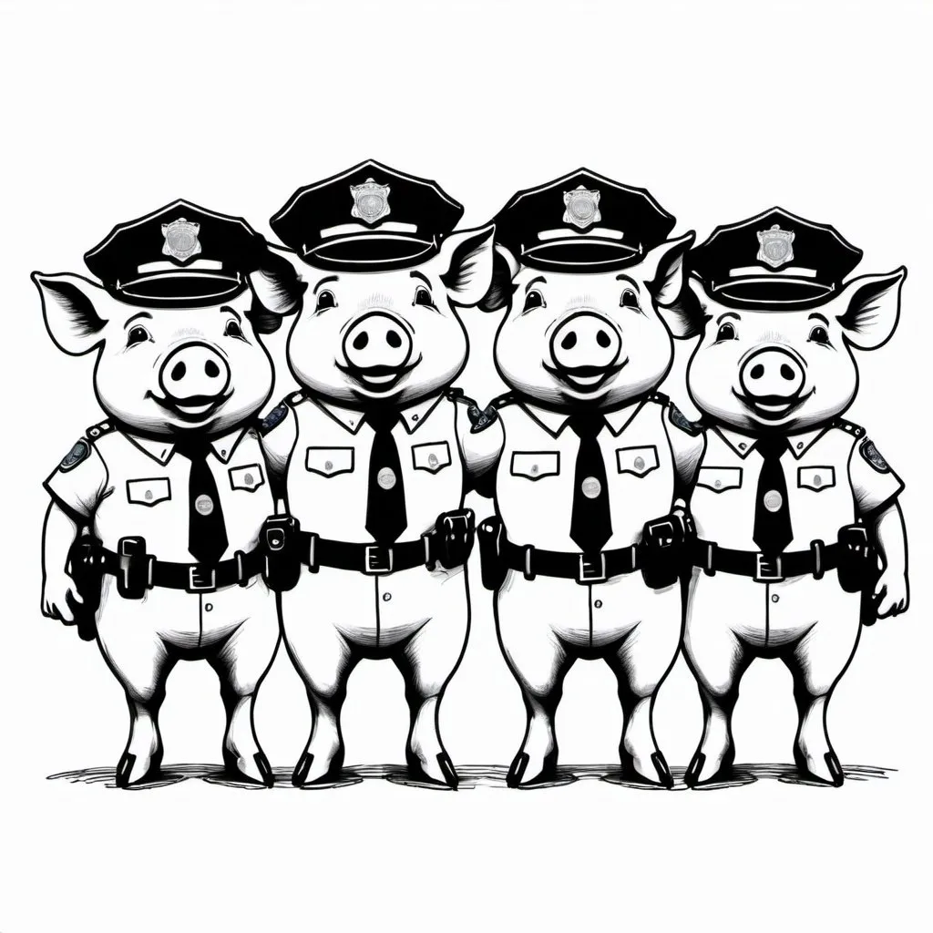 Prompt: 5 pigs holding hands with police hats in an outline drawing style looking like a pencil sketch in black 