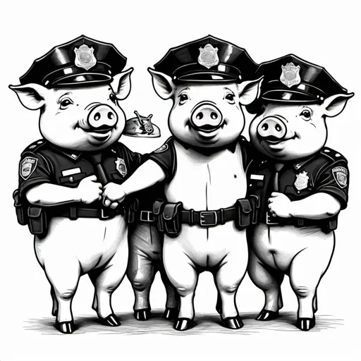 Prompt: 5 pigs holding hands with police hats in an outline drawing style looking like a pencil sketch in black 