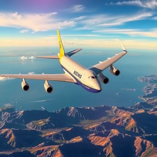Prompt: Create a realistic image of a Boeing 747-8 majestically flying over a picturesque landscape. The scene should showcase an impressive blend of natural beauty and technical excellence. The landscape could include stunning mountain ranges, vast oceans, or breathtaking sunsets. The Boeing 747-8 should be clearly and detailedly visible in the foreground, highlighting its iconic design and distinctive four engines. The atmosphere should feel peaceful and inspiring, capturing the fascination of flight and the beauty of the Earth.