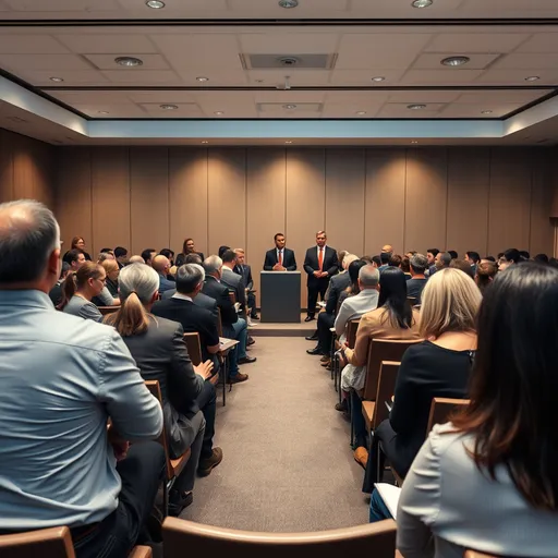 Prompt: show a room of 50 lawyers at a business conference, half men and half women.  in front of the room have a panel with two men and one woman make the point of view from the back of teh room