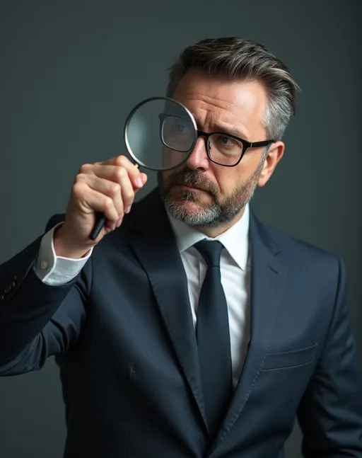 Prompt: A man in a suit is looking for company problems with a magnifying glass