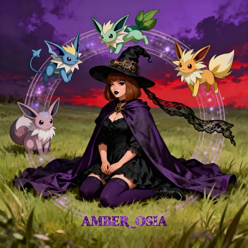 Prompt: a medium all one length brown haired medium build witch kneeling in the grass wearing dark purple cloak and a black dress that spreads out , dark purple leggings spread around her on the ground, her legs are covered she has a black steampunk hat on with a ong lace ribbon off of it in the back , full lips, black lashes  surrounded by vaporeon, leafeon, espeon,  pokemon in a circular form. in the background the sky has deep purple deep red hughs
The name "AMBER_OSIA" is placed in the bottom middle in purple marble lettering

