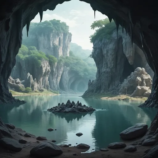 Prompt: background of a lake as the center with a rock full of bandits to the side a cave to at the very back;   and a river full of crocodiles; make the whole image look like an aesthetic magical book cover