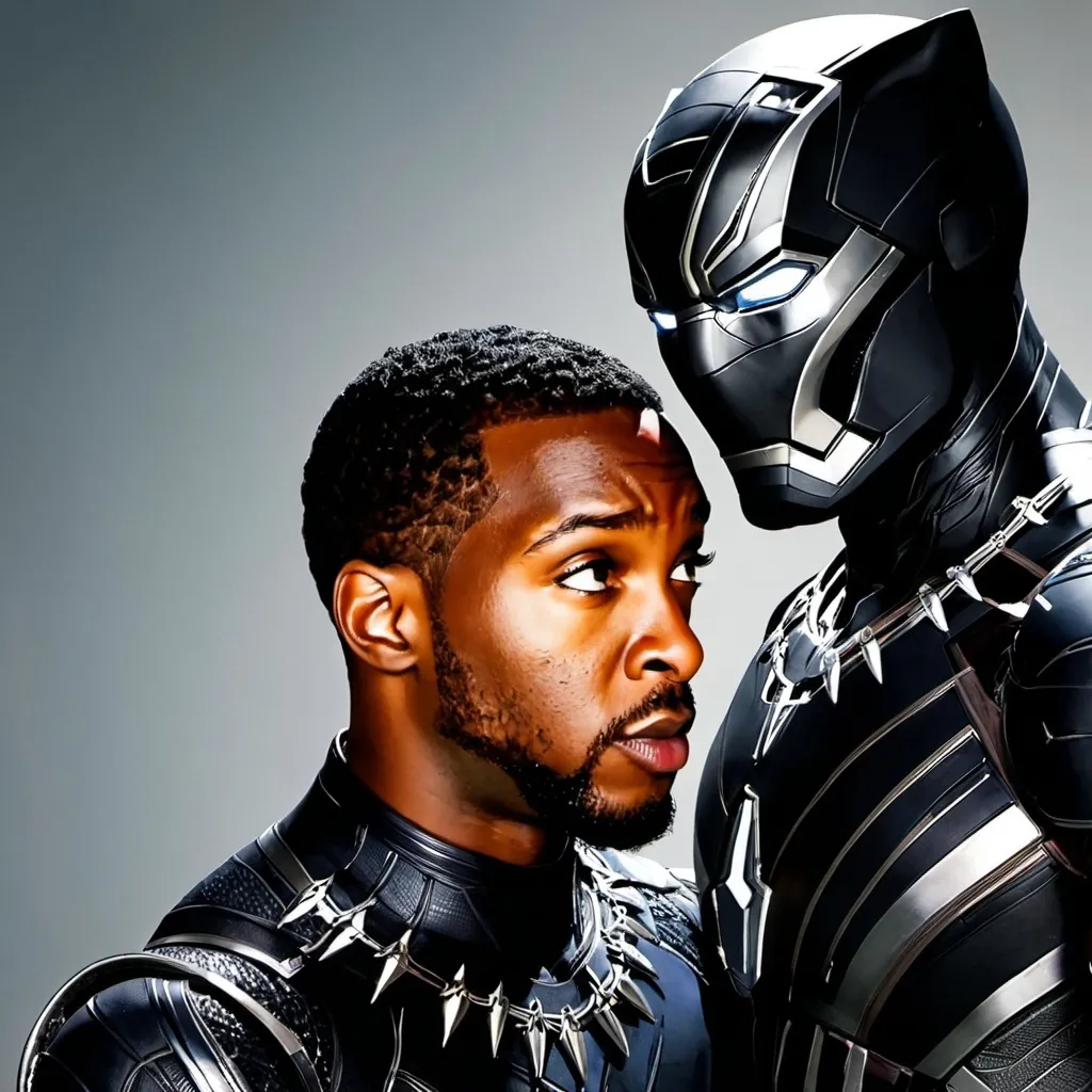 Prompt: A man in black panther suit shakes hands with Iron Man to form an alliance