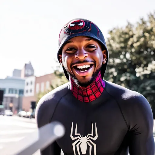 Prompt: a man wearing a Miles Morales Spiderman suit with mask off - face reveal. Use the face in the attached picture.