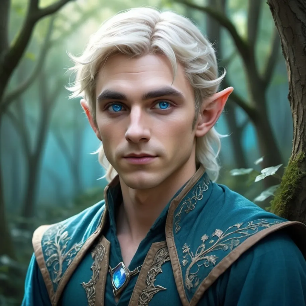 Prompt: a male elf with fair skin, bright blue eyes, and toeheaded
