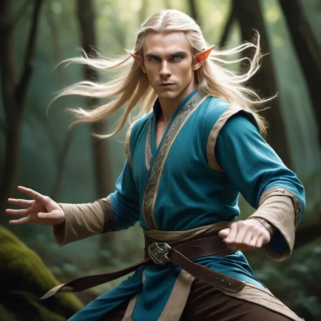 Prompt: a male elf, with fair skin and blue eyes, blond hair, wearing commoner fantasy clothes in a martial arts fighting stance
