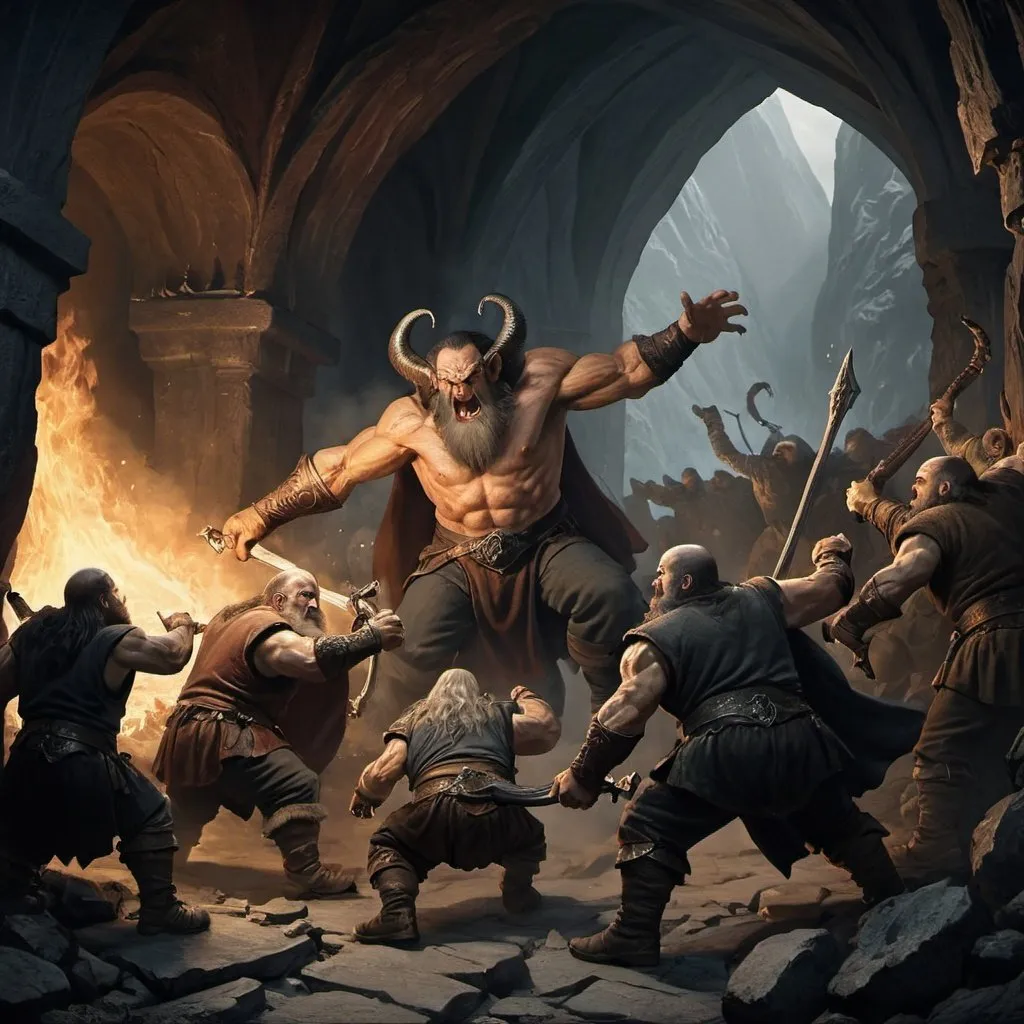 Prompt: dwarves in Moria fighting against balrog