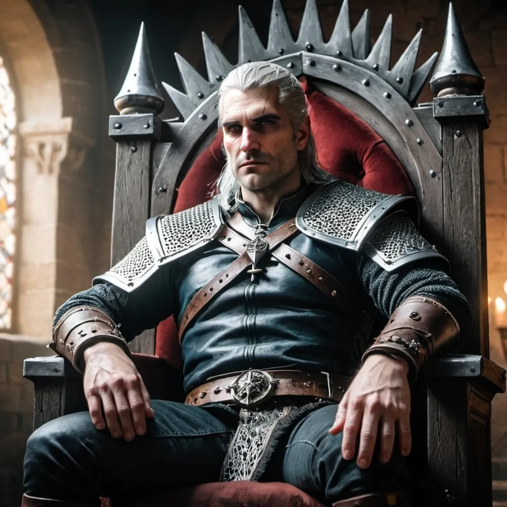 Prompt: Geralt of Rivia as a king with crown on his head, sitting on throne in medieval castle