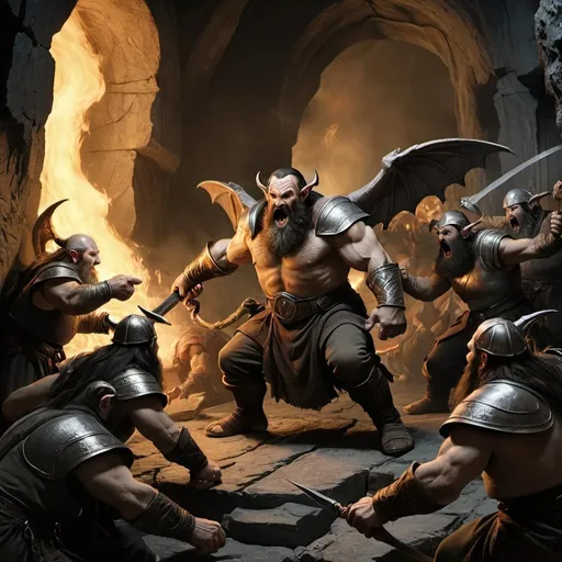 Prompt: dwarves in Moria fighting against balrog