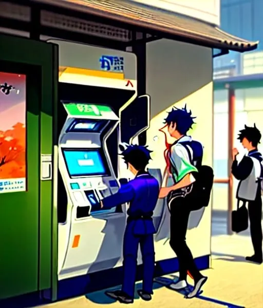 Prompt: 3 boys one of them is useing atm the other one is landing on the atm and the other boy is landing to the shoulder of the boy who is useing the atm they are in japan 