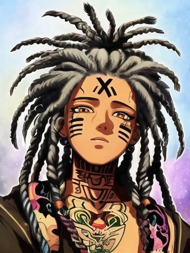 Prompt: Ghibli-style illustration of a rapper resembling xxxtentacion, vibrant and colorful, detailed facial tattoos, unique hairstyle with dreadlocks, anime eyes with emotional expression, flowing and dynamic clothing, natural and organic environment, high quality, detailed, anime, vibrant colors, emotional eyes, unique tattoos, flowing clothing, Ghibli style, rapper, natural environment