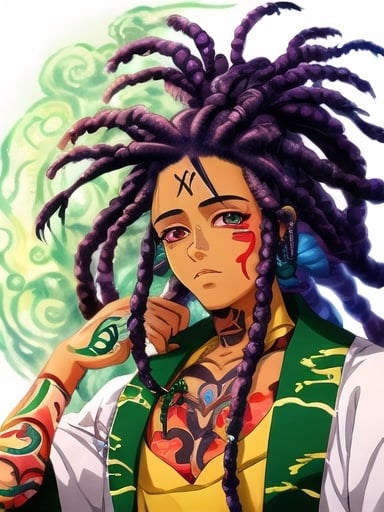 Prompt: Ghibli-style illustration of a rapper resembling xxxtentacion, vibrant and colorful, detailed facial tattoos, unique hairstyle with dreadlocks, anime eyes with emotional expression, flowing and dynamic clothing, natural and organic environment, high quality, detailed, anime, vibrant colors, emotional eyes, unique tattoos, flowing clothing, Ghibli style, rapper, natural environment