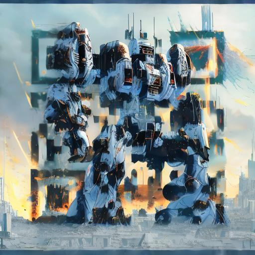 Prompt: masterpiece, best quality, mecha, no humans, black armor, blue eyes, science fiction, fire, laser canon beam, war, conflict, destroyed city background