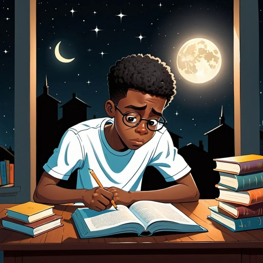 Prompt: visualize a 21 year old cartoon black boy trying to understand,reading books on a table in the middle of the night 