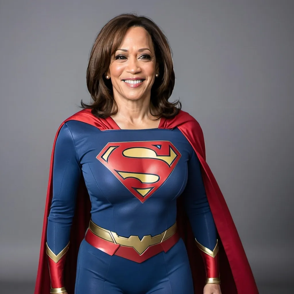 Prompt: Kamala Harris dressed as Supergirl replace logo with SK in same font