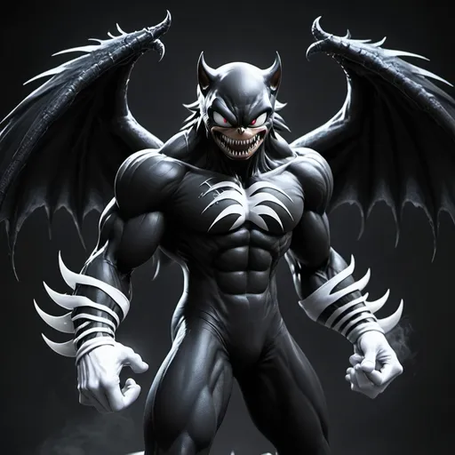 Prompt: Sonic as venom with white lighted skin white mode with white wings mode glowing eyes Sonic as hulk as venom Satan the devil, the accuser, the adversary. Belial, Lucifer, Mephistopheles, the mysterious Stranger. The king of flies, the father of lies. Fallen serpent. Diabolical character