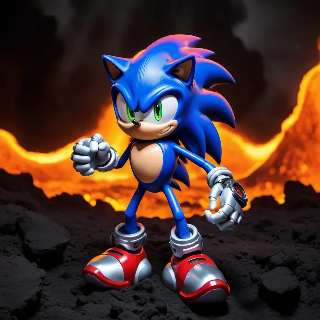 Prompt: Sonic as robot shadow mode glowing eyes in lava