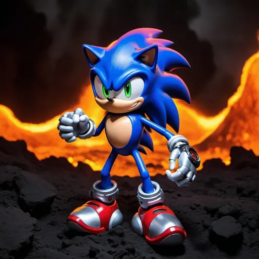 Prompt: Sonic as robot shadow mode glowing eyes in lava