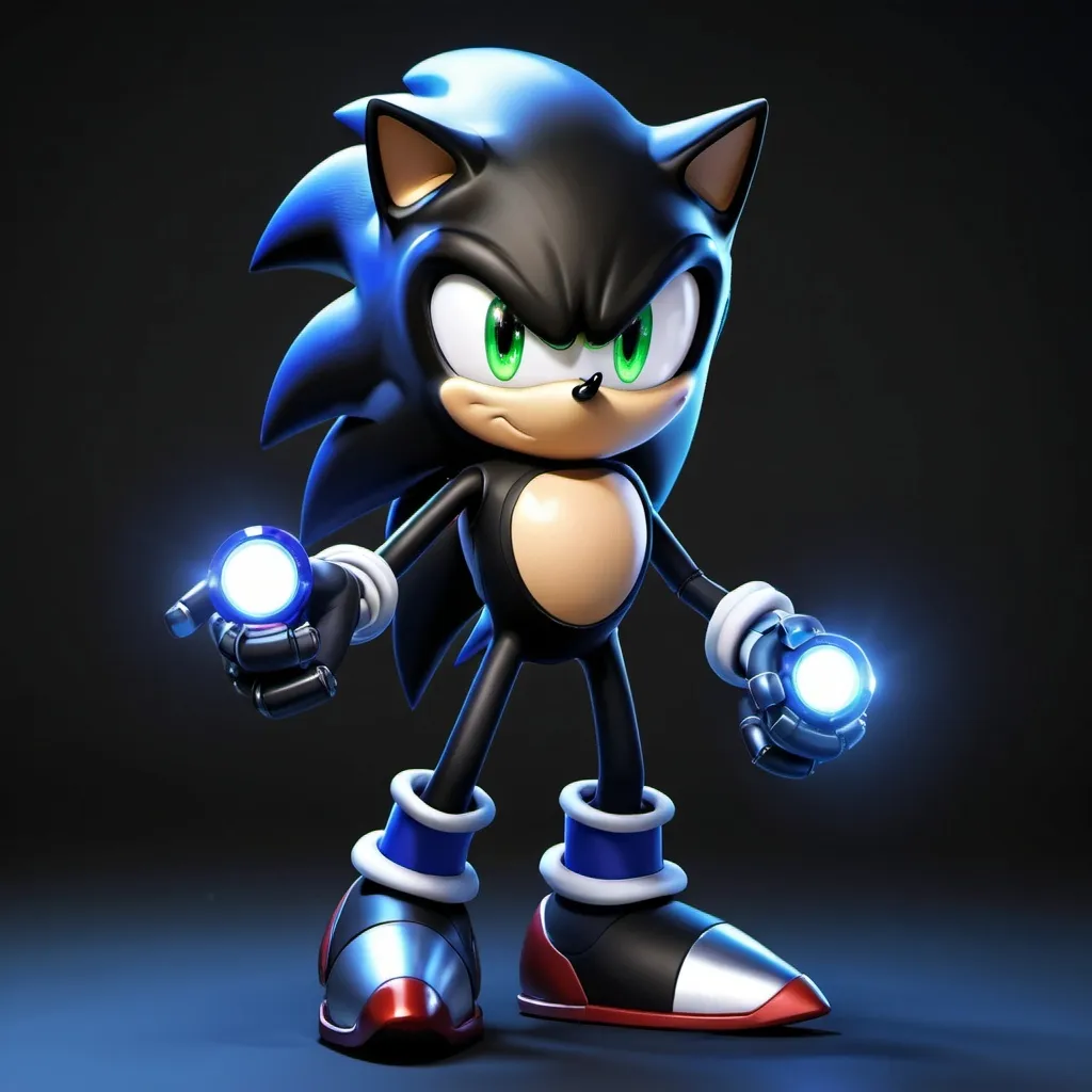 Prompt: Sonic as black robot, shadow mode glowing eyes in