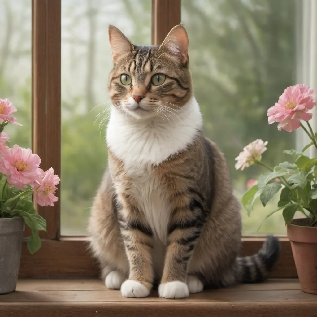 Prompt: "Create a realistic digital image of a tabby cat sitting on a windowsill overlooking the blooming garden outside. The cat should have green eyes, a slightly tilted head and an interesting expression on her face."