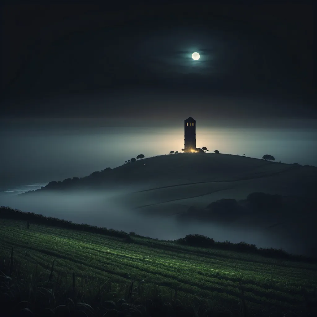 Prompt: a dark and mysterious tall tower with a glowing top on a hill. misty night. Farm land and ocean in the background. wide view photo.

