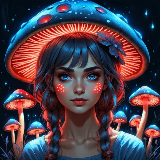 Prompt: Mushroom Girl drawing blue and red lights beautiful face 