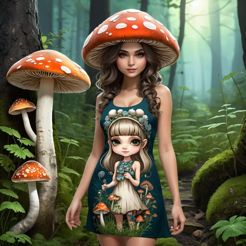 Prompt: Mushroom Girl beautiful face looking cool dress