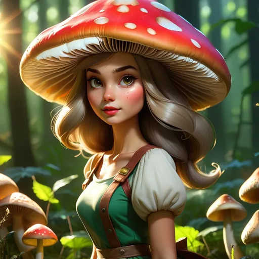 Prompt: Close up beautiful magic mushroom Girl walking around sunlight 