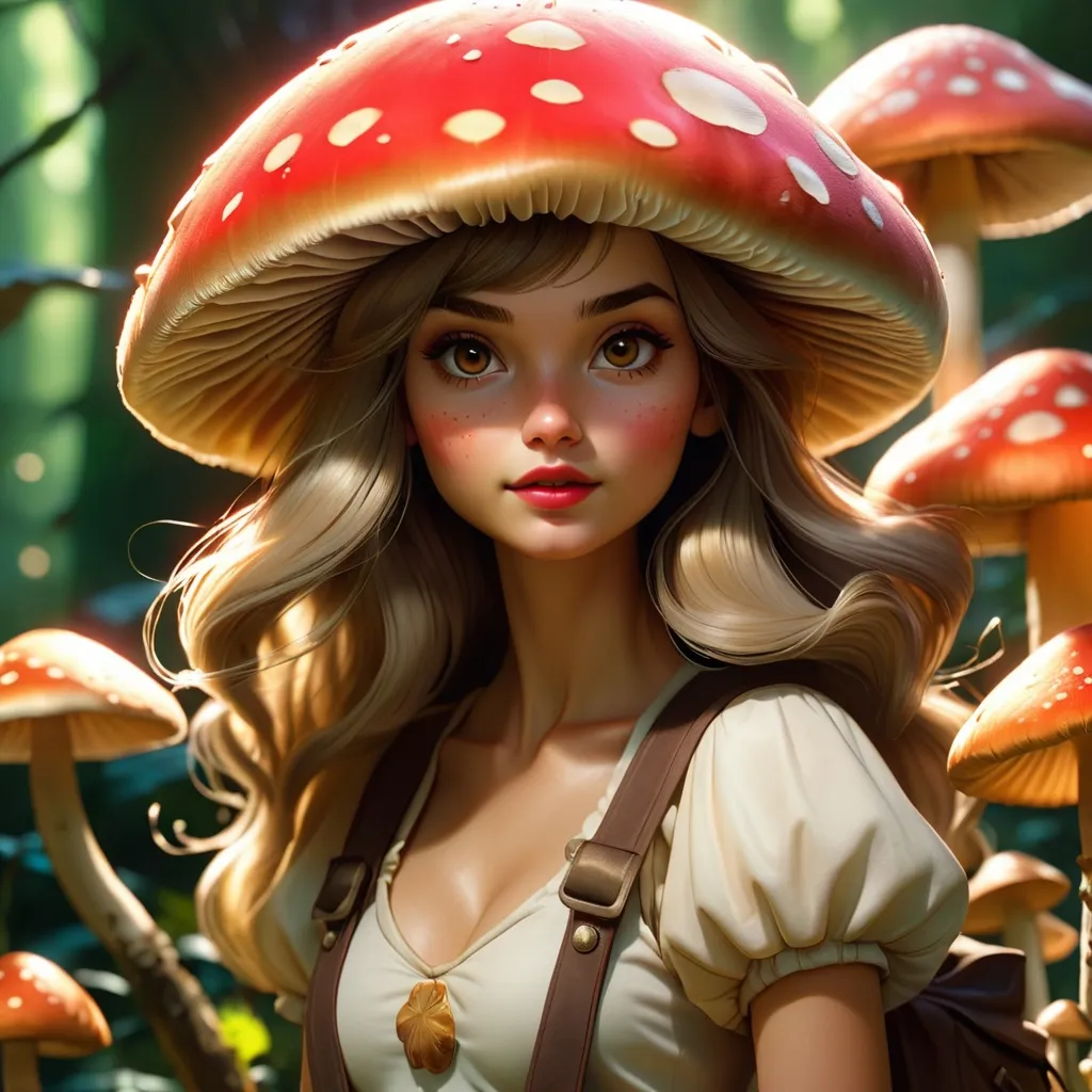 Prompt: Close up beautiful magic mushroom Girl walking around sunlight 