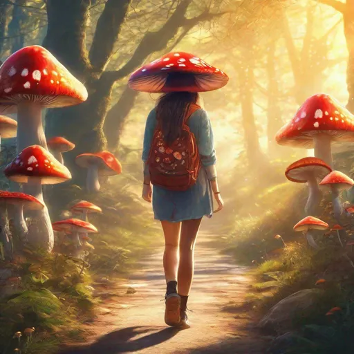 Prompt: Close up beautiful magic mushroom Girl walking around sunlight 