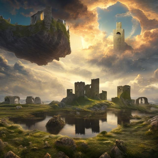 Prompt: a landscape with a ruined castle floating in the sky, realistic, 4K