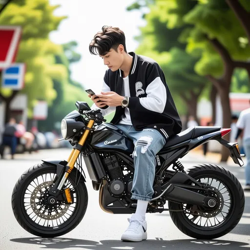 Prompt: Leaning casually against a motorcycle, a young man is absorbed in his smartphone, showcasing a relaxed demeanor. He sports a black and white varsity jacket, with stylish denim cargo pants that feature distinctive pockets, and white sneakers that add to his trendy look. The backdrop reveals a sunny outdoor environment with blurred greenery hinting at a lively atmosphere. The image captures a moment of contemplation or leisure, illuminated by bright natural light, highlighting both the character's fashion and the laid-back scene around him.