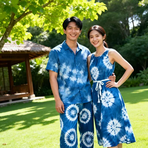 Prompt: This photograph depicts a smiling Asian couple standing outdoors on a sunny day. The man, on the left, has short black hair and is wearing a blue tie-dye short-sleeved shirt and matching blue tie-dye pants. The woman, on the right, has dark brown hair pulled back and is wearing a sleeveless blue tie-dye dress that ties at the waist. Both outfits feature circular and radial tie-dye patterns in white. They are standing on a well-manicured green lawn, with lush greenery and a wooden structure with a thatched roof visible in the background. The structure is partially shaded by trees with bright green leaves. The sunlight filters through the trees, casting dappled shadows on the ground. The couple is positioned slightly off-center to the right, with the man's left arm around the woman's waist and her right arm resting on his hip. The overall mood of the photograph is cheerful and relaxed, capturing a moment of togetherness in a serene, natural setting. The colors are vibrant, with the blue of their clothing contrasting against the greenery and the wooden structure in the background.