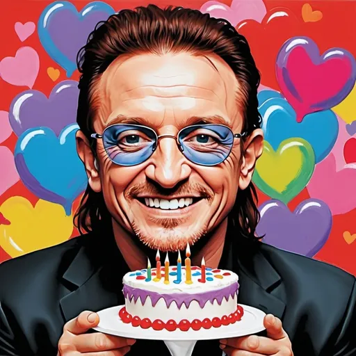 Prompt: In the style of colorful Sarah Taylor art, paint colorful picture of smiling Bono with cake that says “Alli” on it. Put hearts around him.
